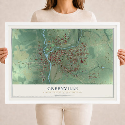 Map of Greenville, Mercer County, Pennsylvania, 18 x 24 inch print in a white wood frame