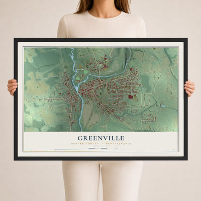 Map of Greenville, Mercer County, Pennsylvania, 24 x 36 inch print in a black wood frame