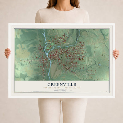 Map of Greenville, Mercer County, Pennsylvania, 24 x 36 inch print in a white wood frame