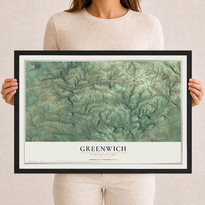 Map of Greenwich, Pennsylvania, 12 x 18 inch print in a black wood frame