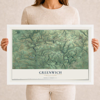 Map of Greenwich, Pennsylvania, 12 x 18 inch print in a white wood frame