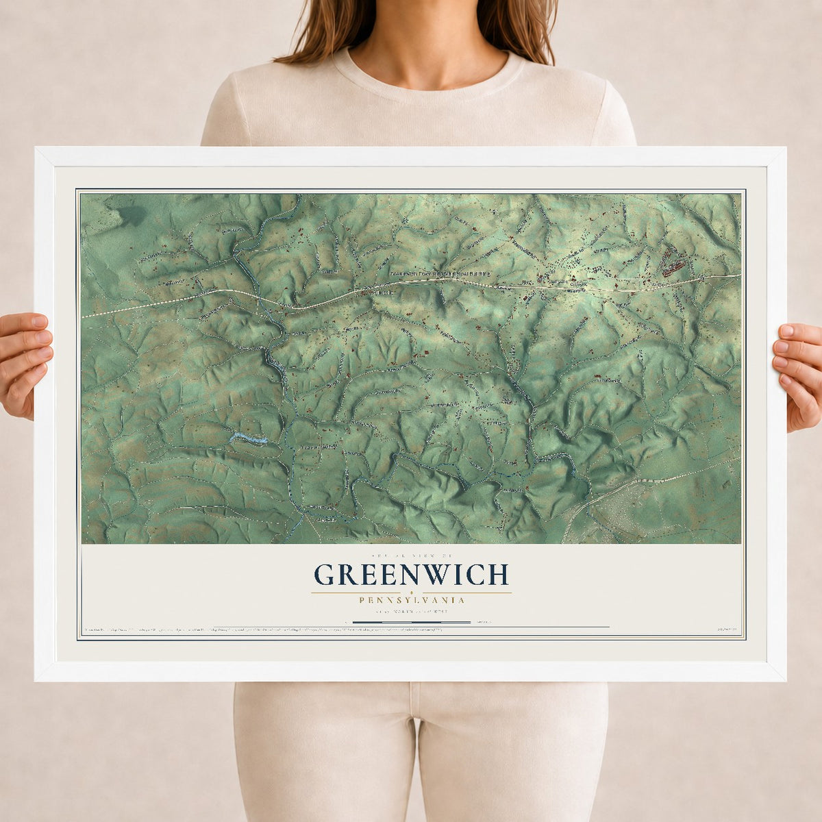 Map of Greenwich, Pennsylvania, 18 x 24 inch print in a white wood frame