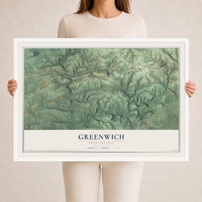 Map of Greenwich, Pennsylvania, 24 x 36 inch print in a white wood frame