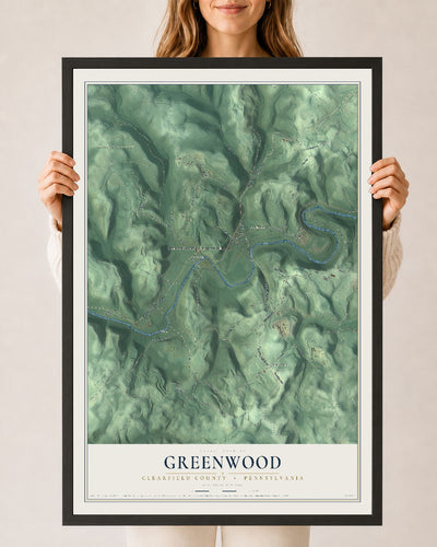 Map of Greenwood, Clearfield County, Pennsylvania, 24 x 36 inch print in a black wood frame