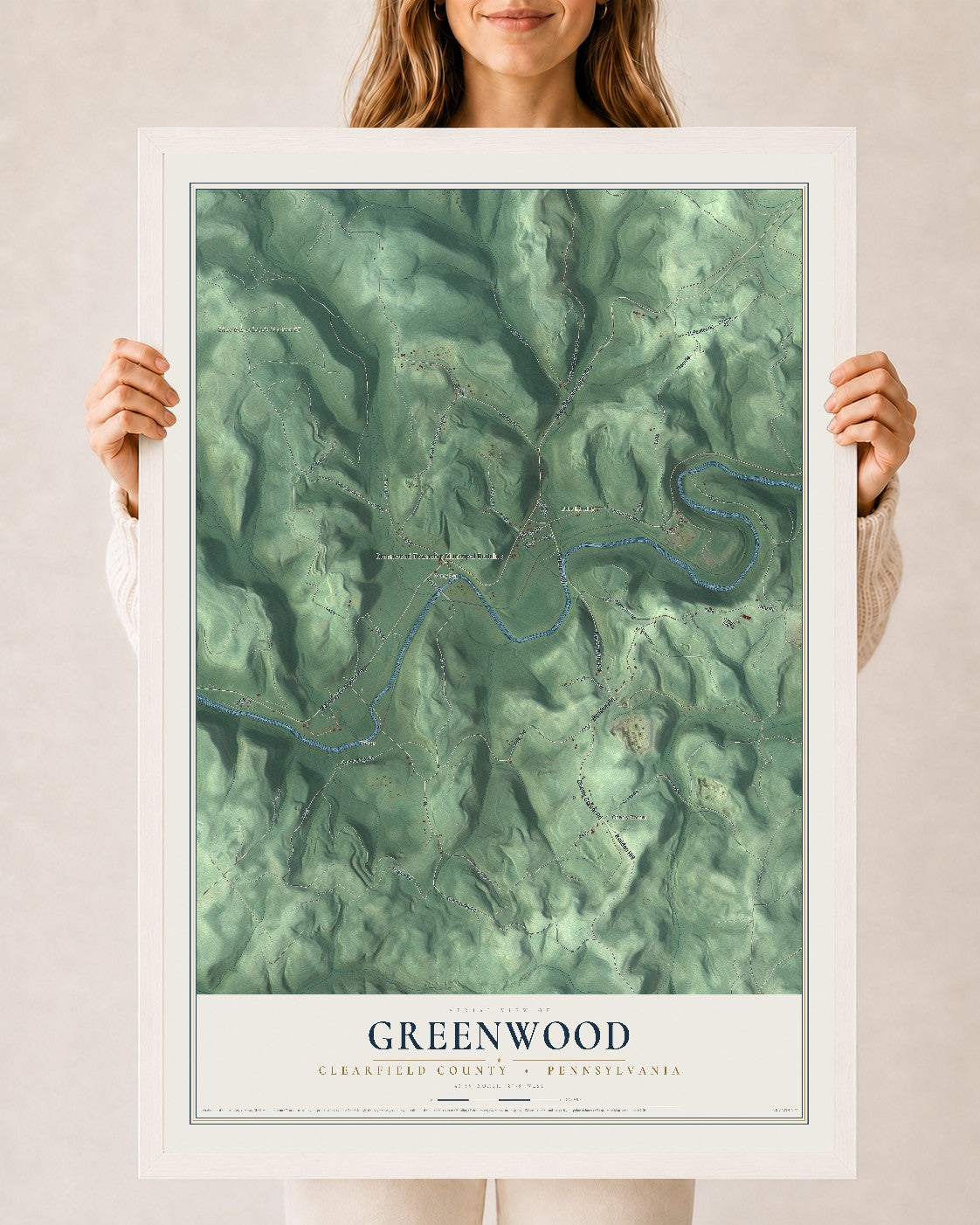 Map of Greenwood, Clearfield County, Pennsylvania, 24 x 36 inch print in a white wood frame