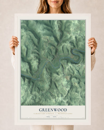 Map of Greenwood, Clearfield County, Pennsylvania, 24 x 36 inch print in a white wood frame