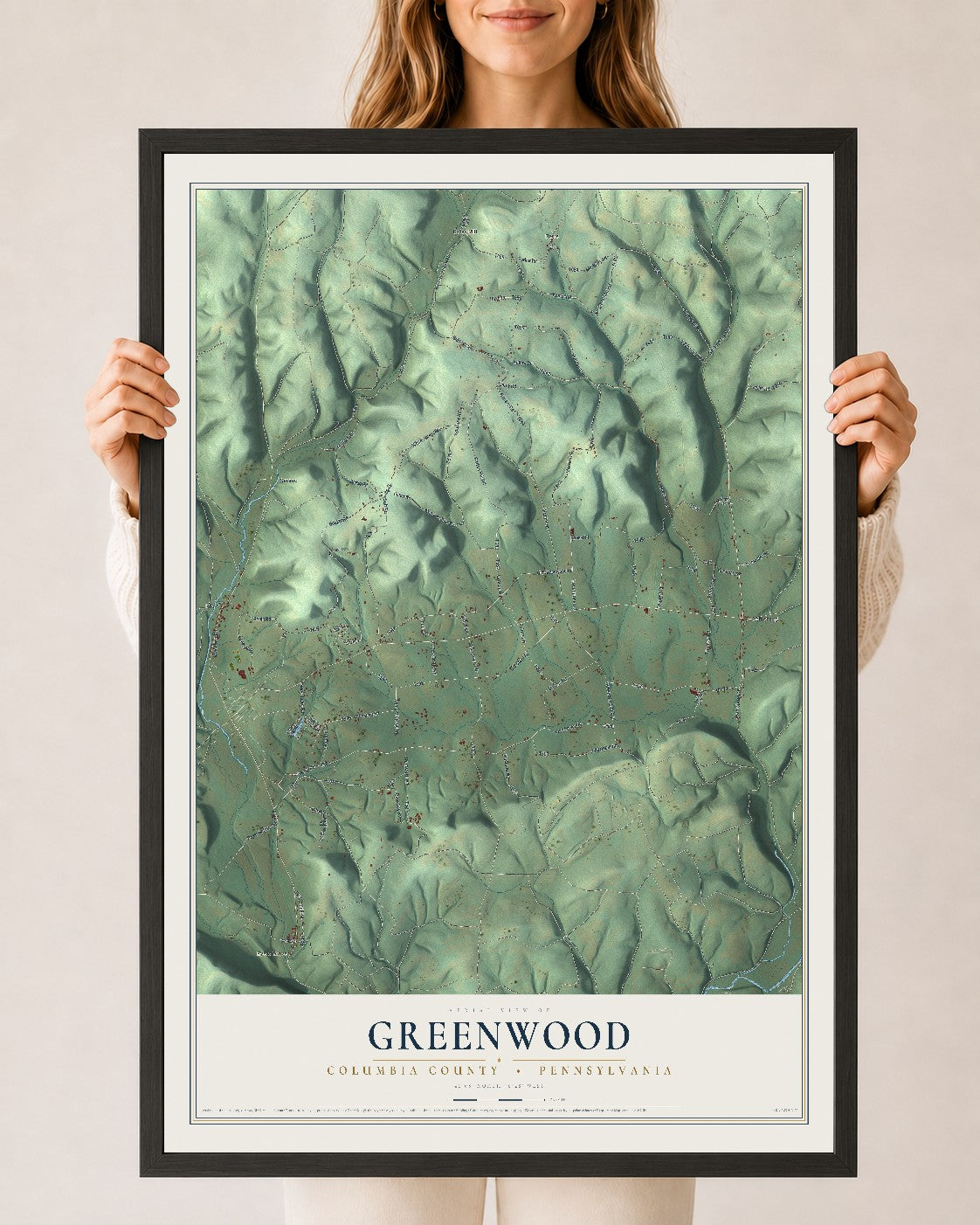 Map of Greenwood, Columbia County, Pennsylvania, 24 x 36 inch print in a black wood frame