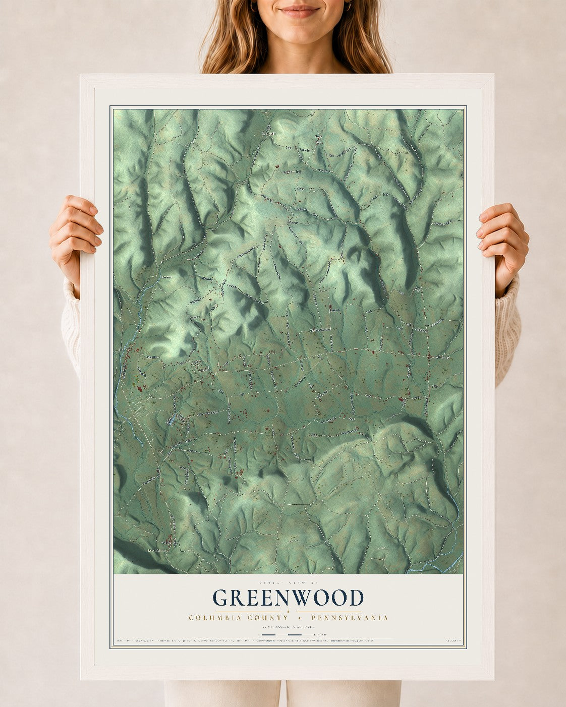 Map of Greenwood, Columbia County, Pennsylvania, 24 x 36 inch print in a white wood frame