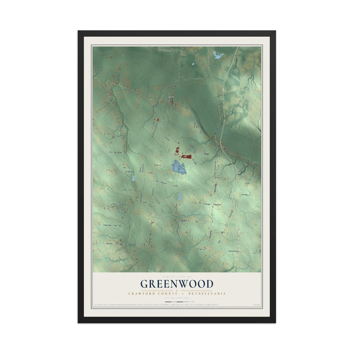 Map of Greenwood, Crawford County, Pennsylvania, 12 x 18 inch print in a black wood frame