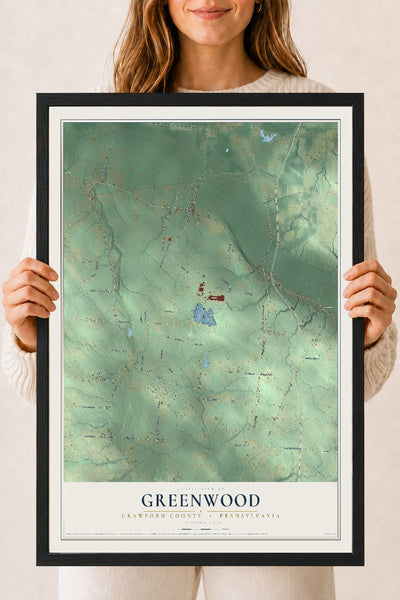 Map of Greenwood, Crawford County, Pennsylvania, 18 x 24 inch print in a black wood frame