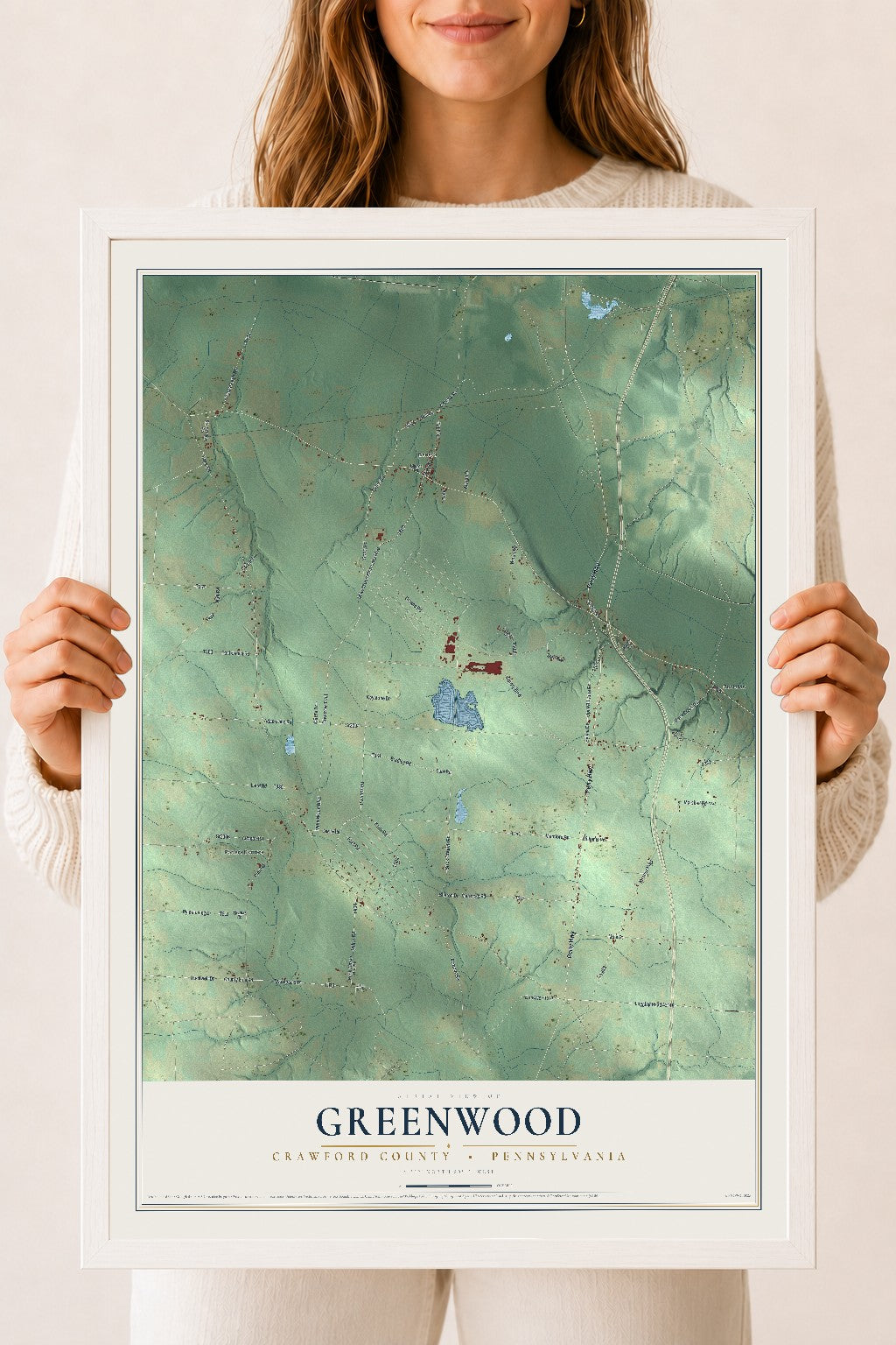 Map of Greenwood, Crawford County, Pennsylvania, 18 x 24 inch print in a white wood frame