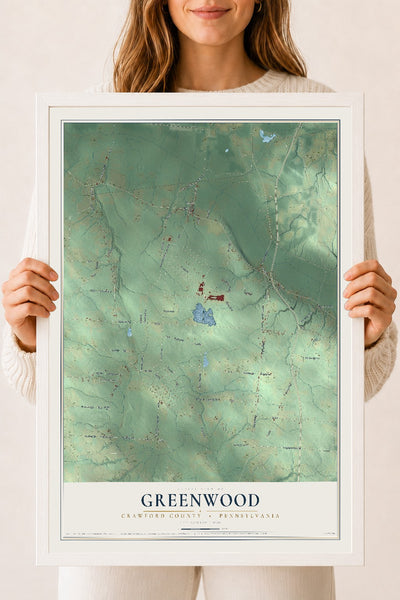 Map of Greenwood, Crawford County, Pennsylvania, 18 x 24 inch print in a white wood frame