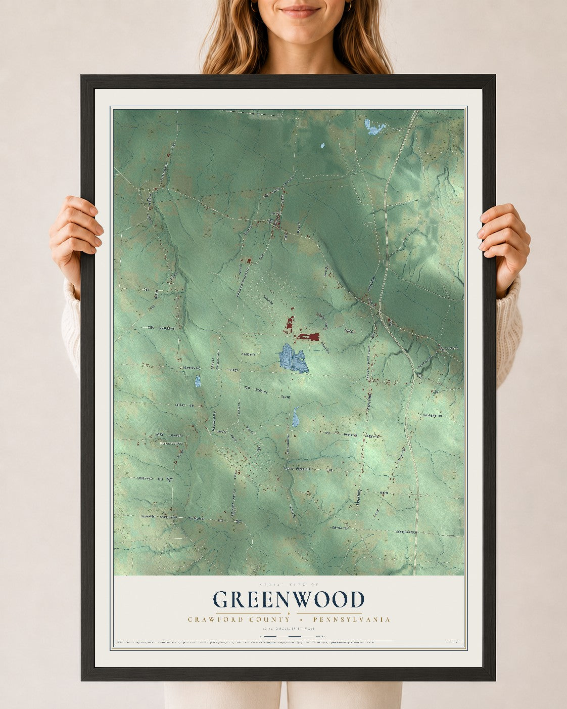Map of Greenwood, Crawford County, Pennsylvania, 24 x 36 inch print in a black wood frame