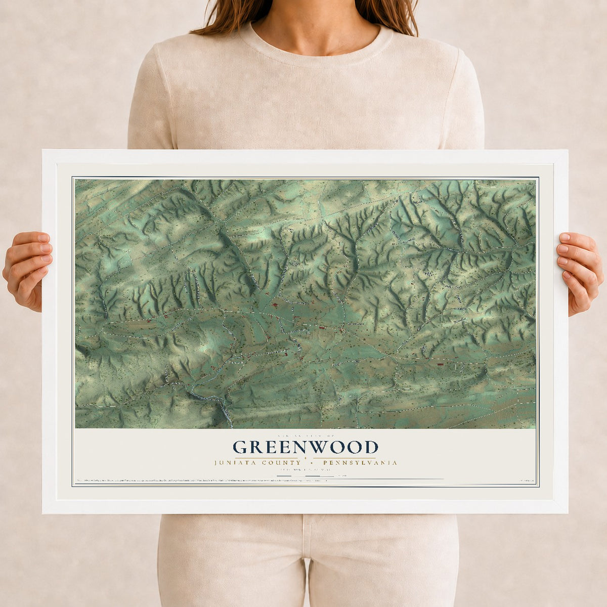 Map of Greenwood, Juniata County, Pennsylvania, 12 x 18 inch print in a white wood frame