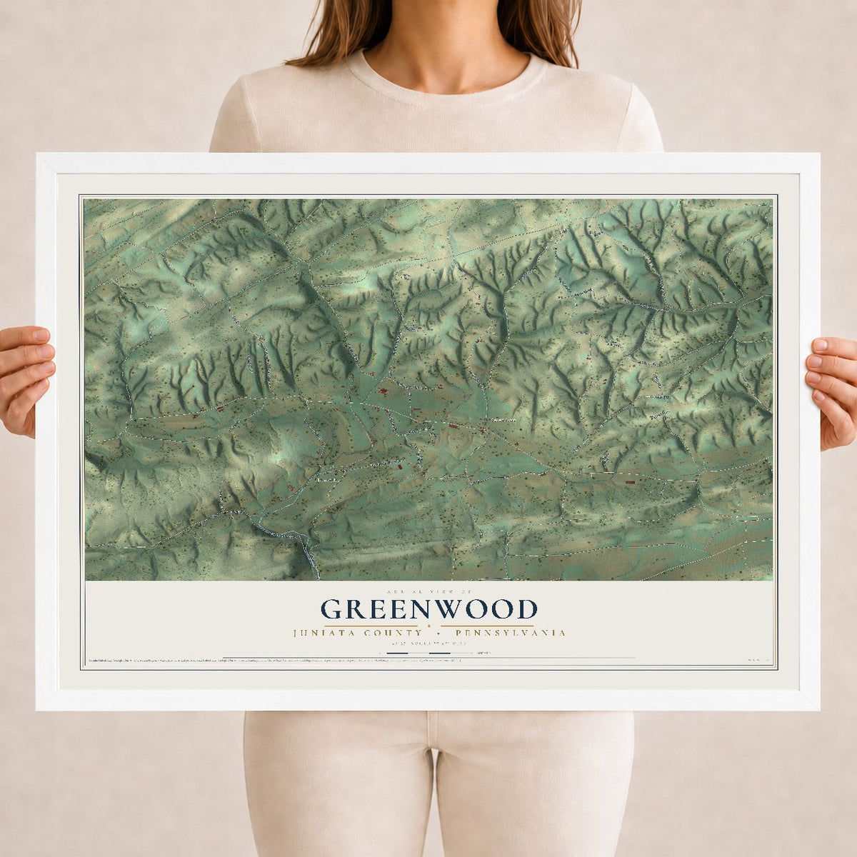 Map of Greenwood, Juniata County, Pennsylvania, 18 x 24 inch print in a white wood frame