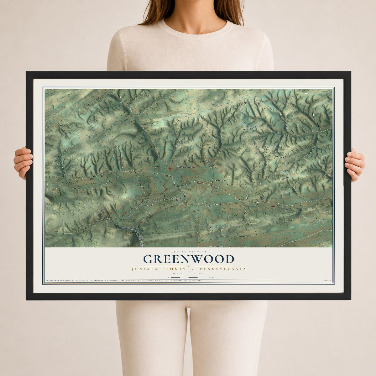 Map of Greenwood, Juniata County, Pennsylvania, 24 x 36 inch print in a black wood frame