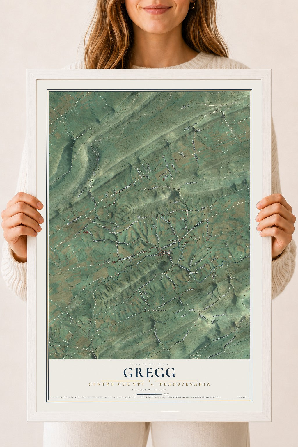 Map of Gregg, Centre County, Pennsylvania, 18 x 24 inch print in a white wood frame