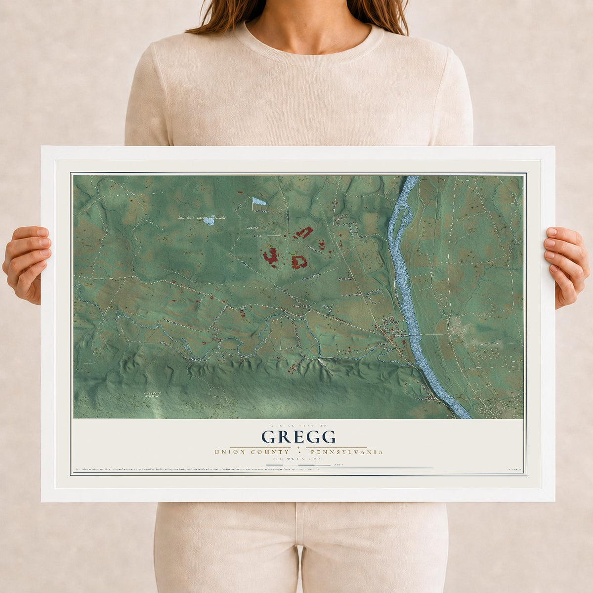Map of Gregg, Union County, Pennsylvania, 12 x 18 inch print in a white wood frame