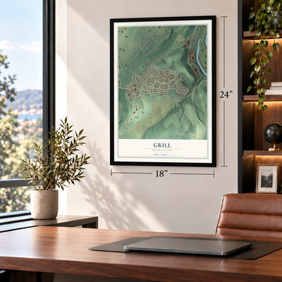 Grill, Pennsylvania map, 18 x 24 inch print in a black frame in a home office