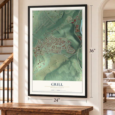 Grill, Pennsylvania map, 24 x 36 inch print in a black frame by a staircase