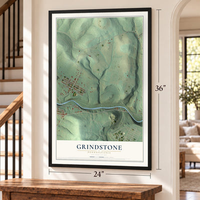 Grindstone, Pennsylvania map, 24 x 36 inch print in a black frame by a staircase