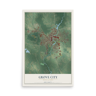Map of Grove City, Pennsylvania, 12 x 18 inch unframed archival matte print
