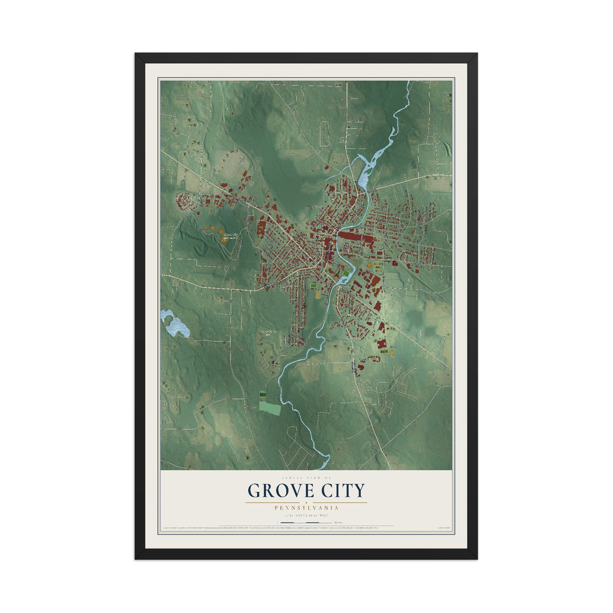 Map of Grove City, Pennsylvania, 12 x 18 inch print in a black wood frame