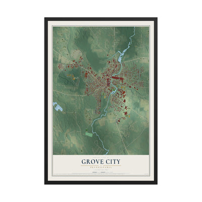 Map of Grove City, Pennsylvania, 12 x 18 inch print in a black wood frame