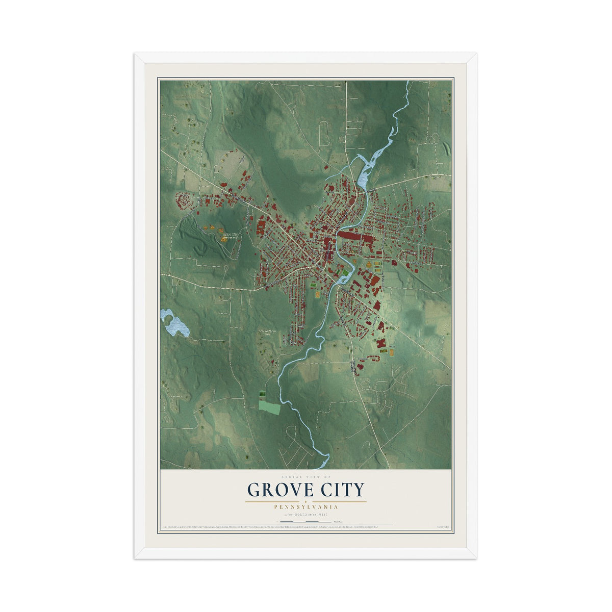Map of Grove City, Pennsylvania, 12 x 18 inch print in a white wood frame