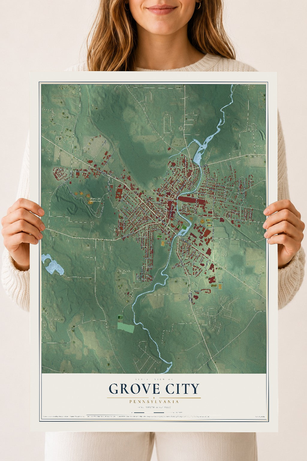 Map of Grove City, Pennsylvania, 18 x 24 inch unframed archival matte print