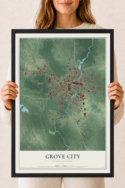 Map of Grove City, Pennsylvania, 18 x 24 inch print in a black wood frame