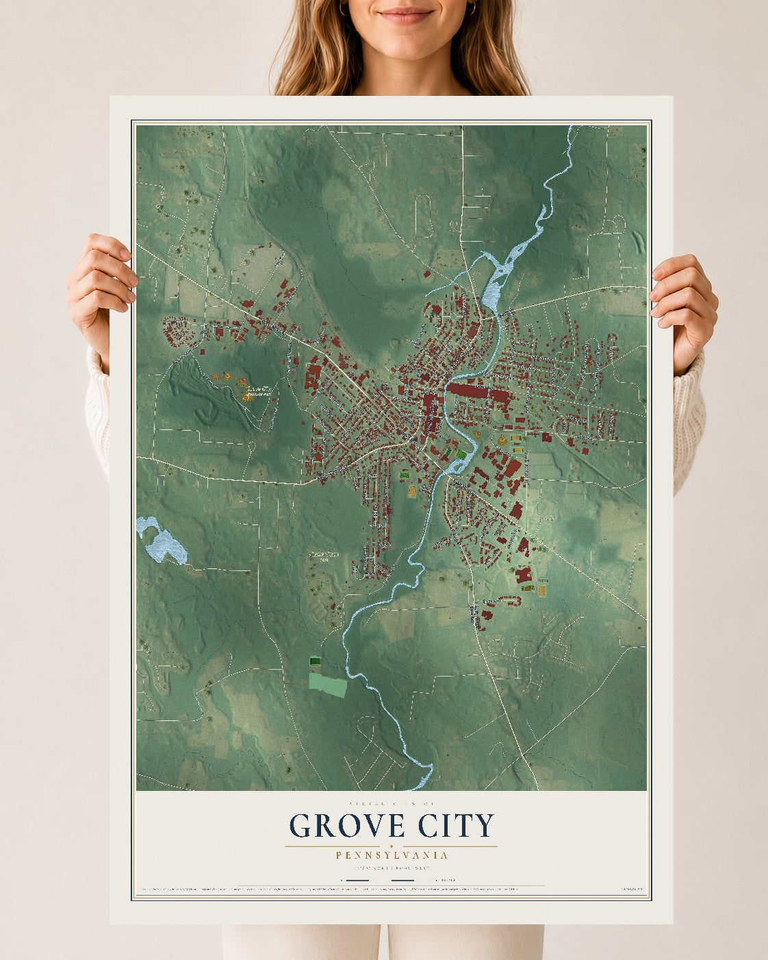 Map of Grove City, Pennsylvania, 24 x 36 inch unframed archival matte print