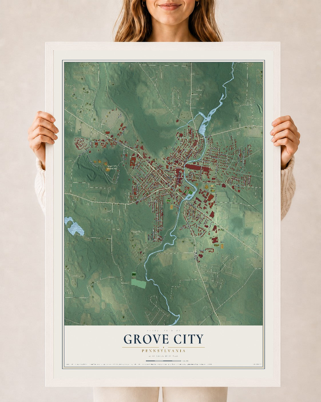 Map of Grove City, Pennsylvania, 24 x 36 inch print in a white wood frame