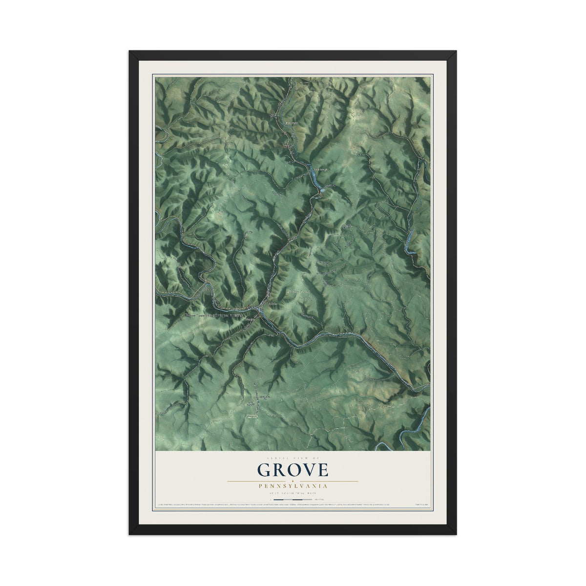 Map of Grove, Pennsylvania, 12 x 18 inch print in a black wood frame