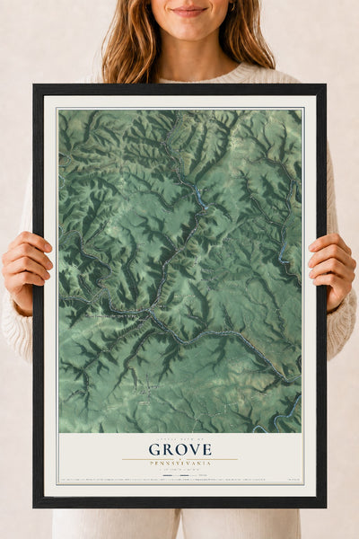 Map of Grove, Pennsylvania, 18 x 24 inch print in a black wood frame