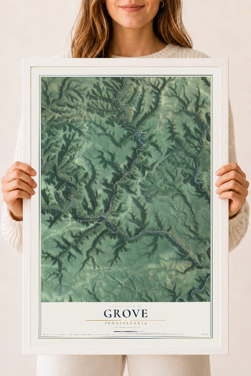 Map of Grove, Pennsylvania, 18 x 24 inch print in a white wood frame