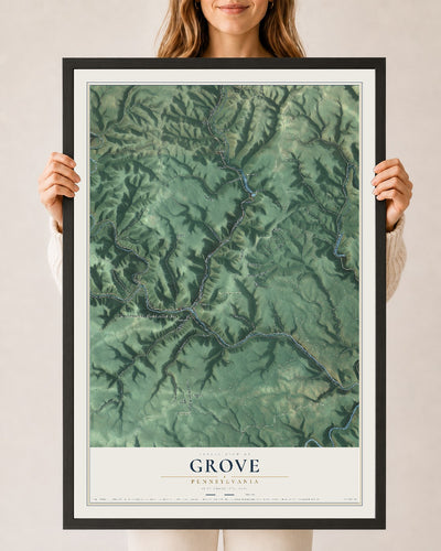 Map of Grove, Pennsylvania, 24 x 36 inch print in a black wood frame