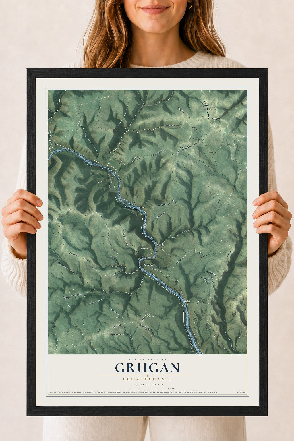 Map of Grugan, Pennsylvania, 18 x 24 inch print in a black wood frame