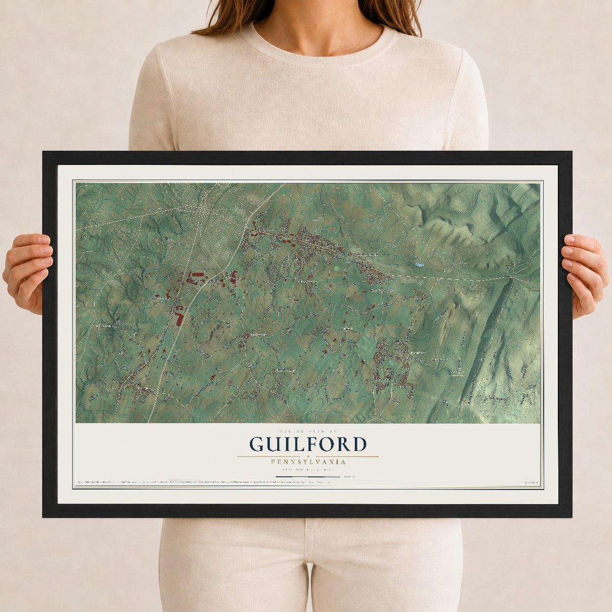 Map of Guilford, Pennsylvania, 12 x 18 inch print in a black wood frame