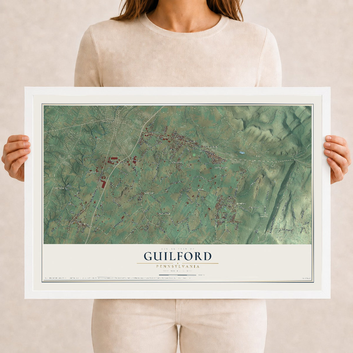 Map of Guilford, Pennsylvania, 12 x 18 inch print in a white wood frame
