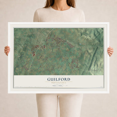 Map of Guilford, Pennsylvania, 24 x 36 inch print in a white wood frame