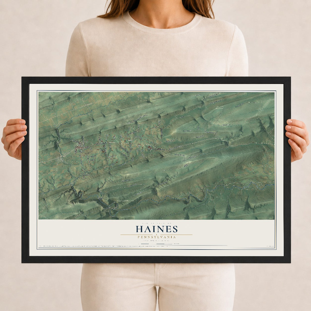 Map of Haines, Pennsylvania, 12 x 18 inch print in a black wood frame