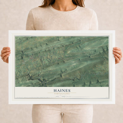 Map of Haines, Pennsylvania, 12 x 18 inch print in a white wood frame