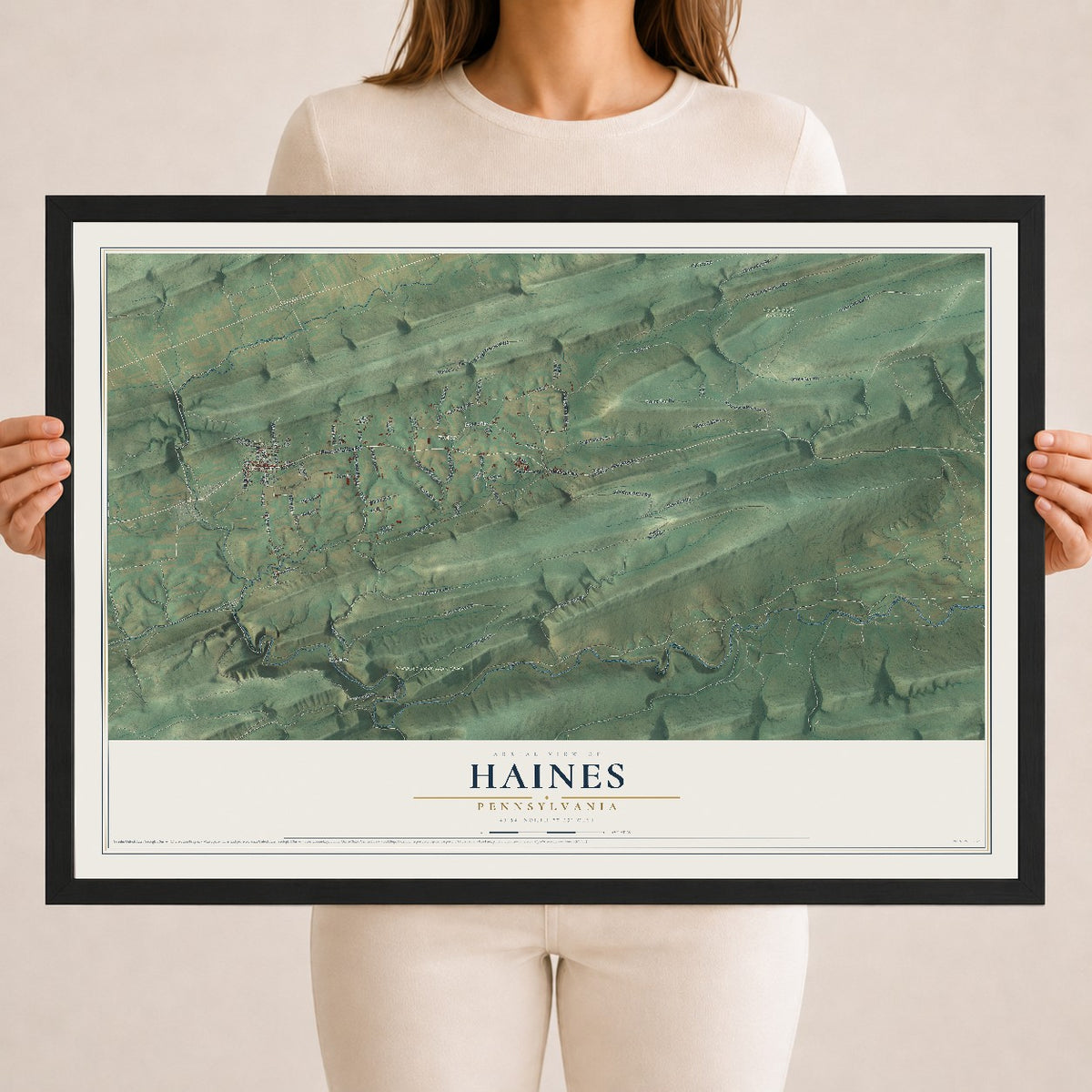 Map of Haines, Pennsylvania, 18 x 24 inch print in a black wood frame