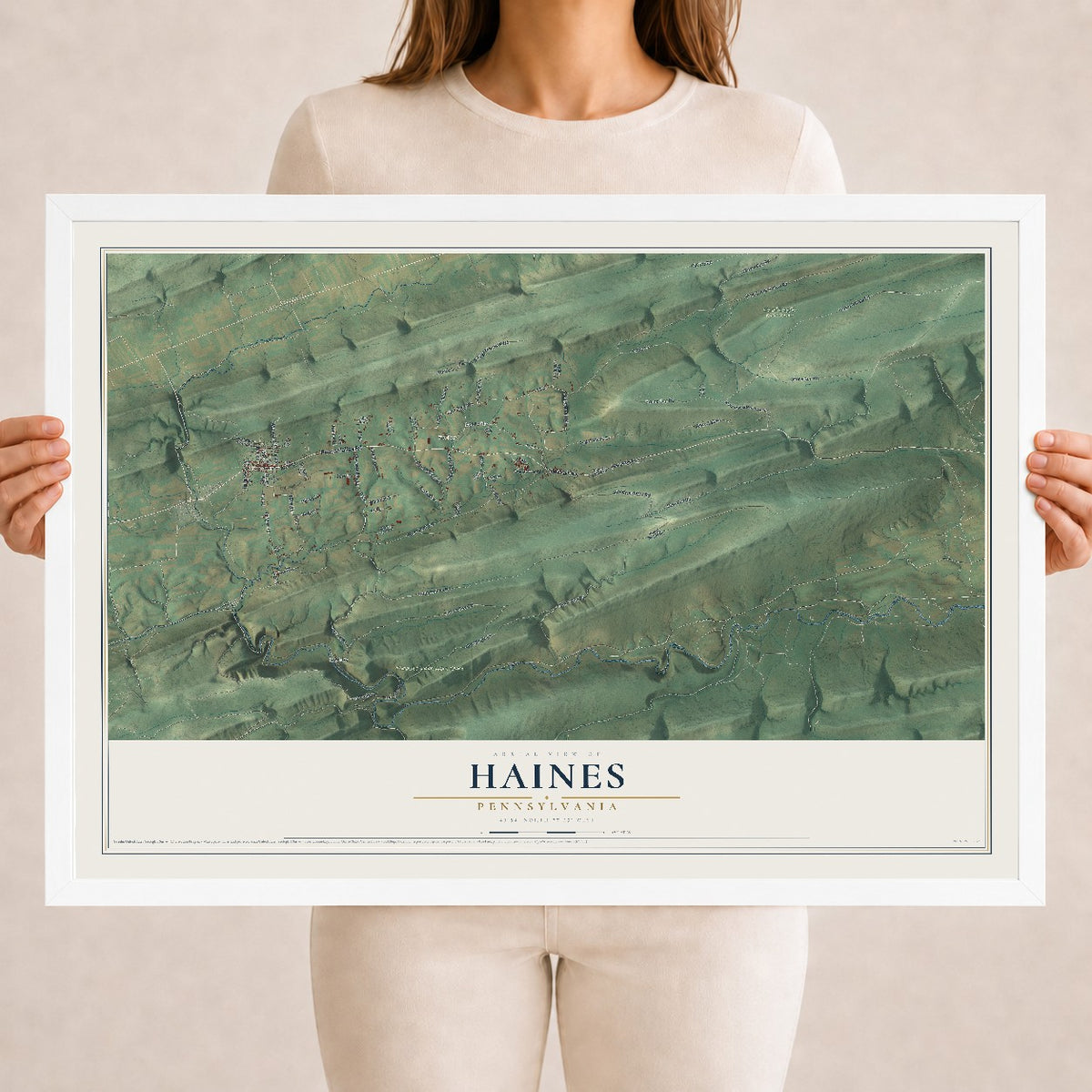 Map of Haines, Pennsylvania, 18 x 24 inch print in a white wood frame