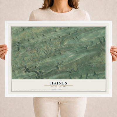 Map of Haines, Pennsylvania, 18 x 24 inch print in a white wood frame