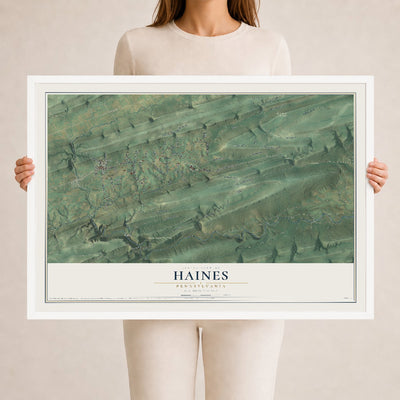 Map of Haines, Pennsylvania, 24 x 36 inch print in a white wood frame