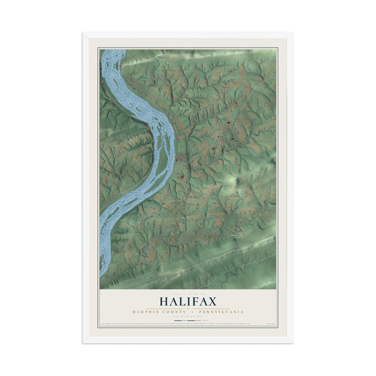 Map of Halifax, Dauphin County, Pennsylvania, 12 x 18 inch print in a white wood frame