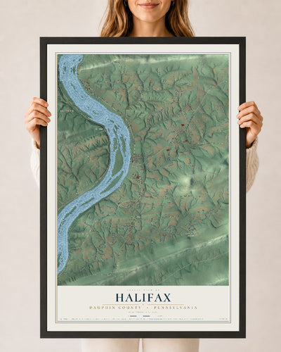 Map of Halifax, Dauphin County, Pennsylvania, 24 x 36 inch print in a black wood frame