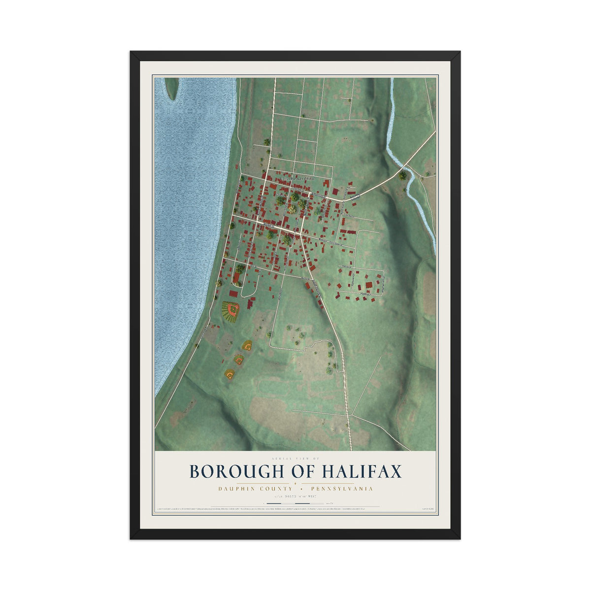 Map of the Borough of Halifax, Dauphin County, Pennsylvania, 12 x 18 inch print in a black wood frame